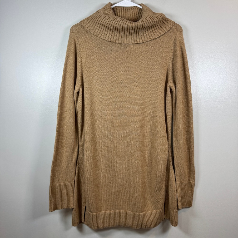 H by Halston Camel Tan Cowl Neck Tunic Sweater M Ribbed Knit Cotton Blend